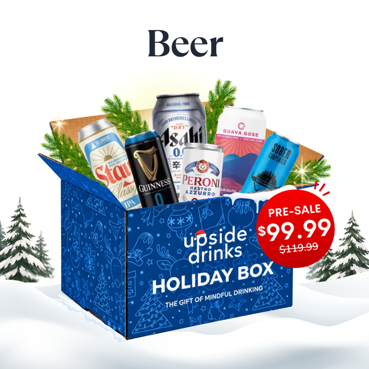 Upside Drinks Holiday Box - Beer edition, open box with non-alcoholic beers