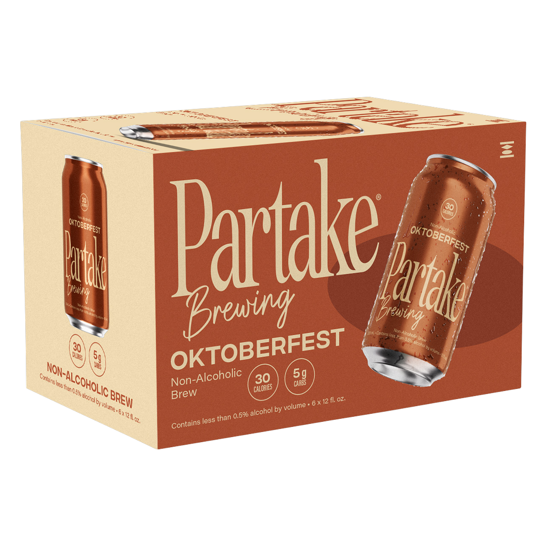 Partake Oktoberfest non-alcoholic beer, 6 pack carton at an angle