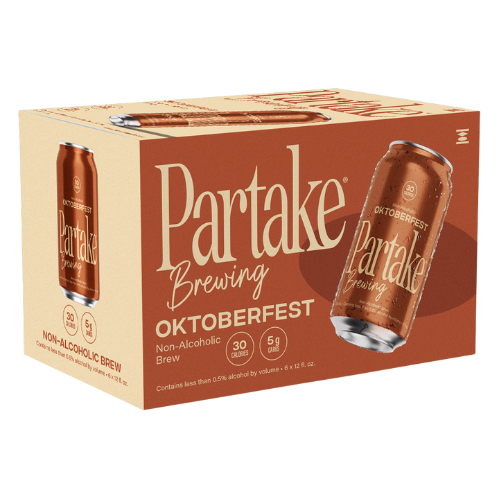 Partake Oktoberfest non-alcoholic beer, 6 pack carton at an angle