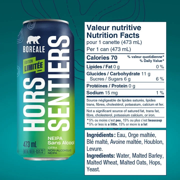 Boréale Hors Sentiers NEIPA sans alcool, valeur nutritive et ingrédients